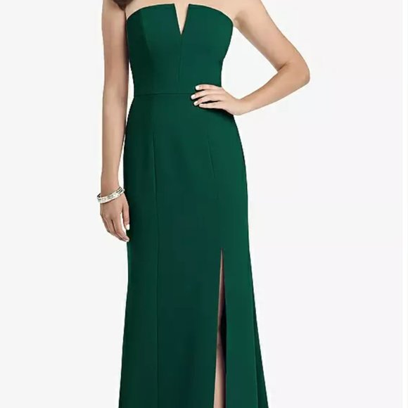 Dessy STRAPLESS NOTCH CREPE GOWN WITH FRONT SLIT IN HUNTER GREEN - Picture 2 of 3